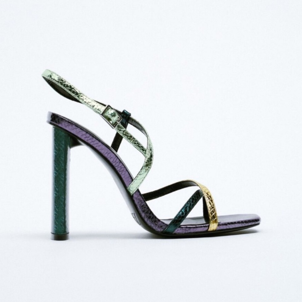 Zara Metallic Strappy Heels - Green, Purple, Gold